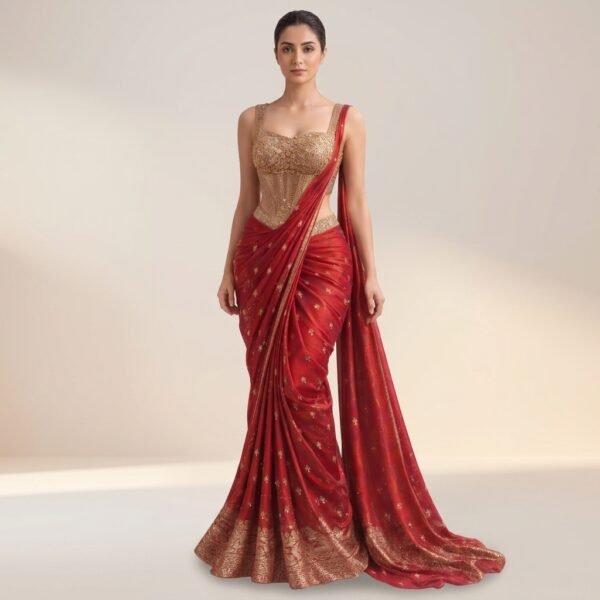 Red Silk Embroidered Saree With Gold Blouse