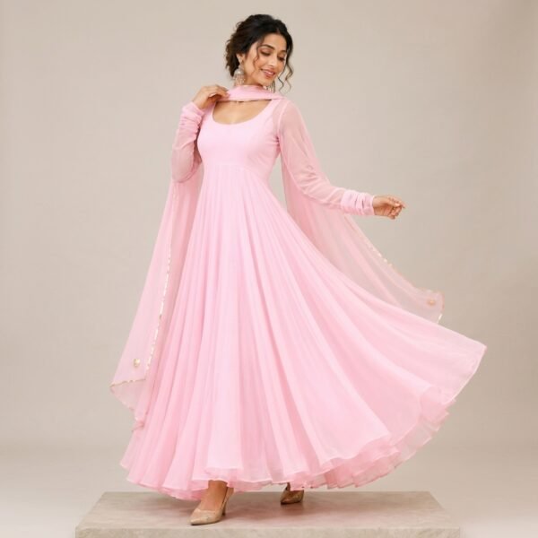 Baby Pink Georgette Flared Anarkali Kurta Set for Women