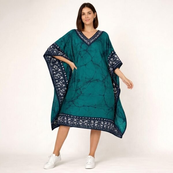 Teal Batik Kaftan with Navy Blue Border for Women
