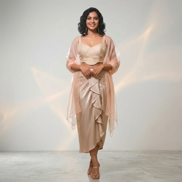Beige Embellished coset Top with Draped Skirt & tissue cape Set for Women