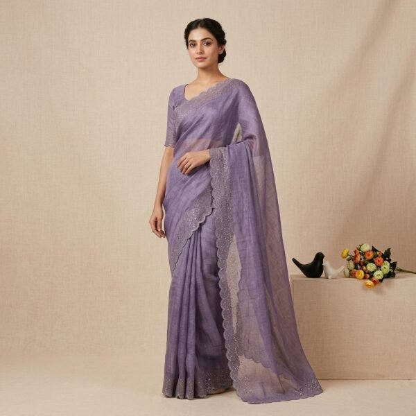 Purple Tissue crape Embellished Scalloped Saree With unstiched Blouse