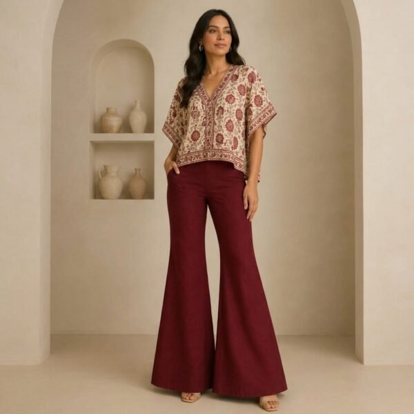 Beige Floral Print Kaftan Top With Maroon Wide Leg Pants Set for Women