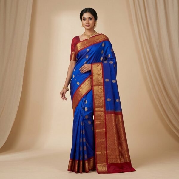 Maroon &Royal Blue border Mysore Silk Saree and Gold Zari Work