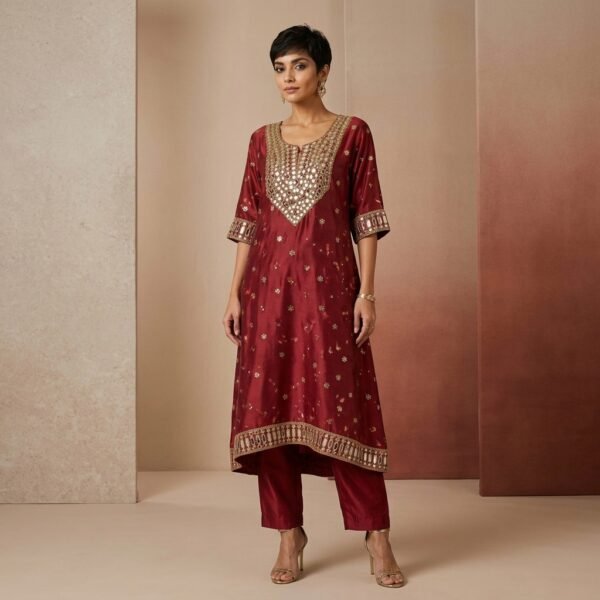 Maroon Silk Embellished Kurta Set for Women