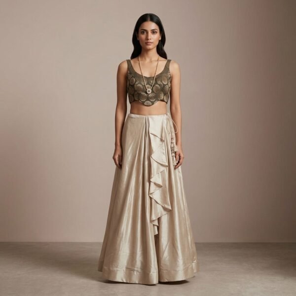 Beige Embroidered Crop Top And Skirt Set For Women