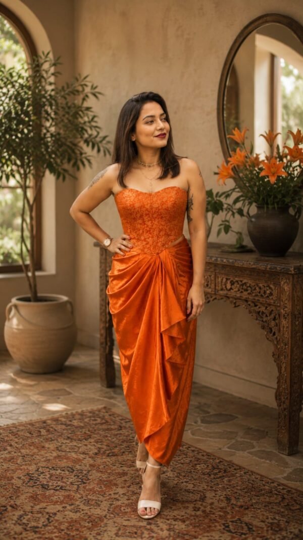 Burnt Orange Satin Draped Skirt with Orange Brocade Corset Crop Top Set