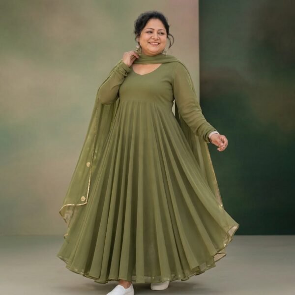 Olive Green Georgette Flared Anarkali Dress for Women
