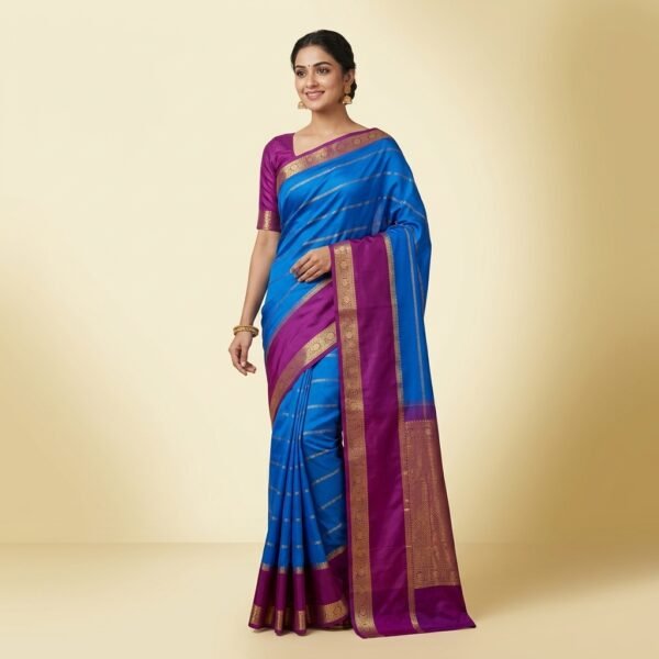 Wine with Royal blue Mysore crape Silk Saree with Golden Border
