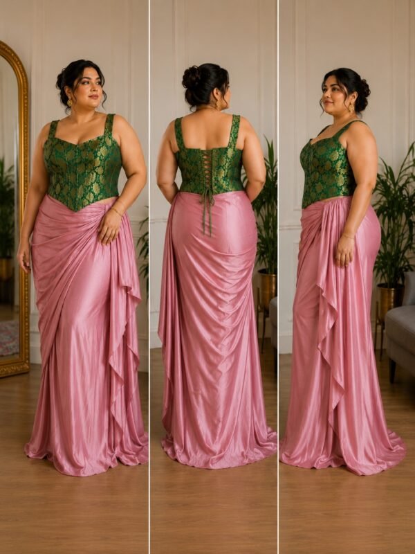 Plus Size Emerald Green Brocade Corset Blouse with Boning