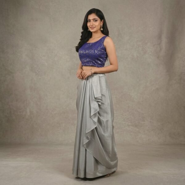 Purple Blue Brocade Blouse And Grey Draped Skirt Set For Women