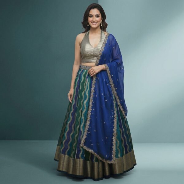 Green Blue Wave Pattern Embroidered Lehenga Choli Set for Women