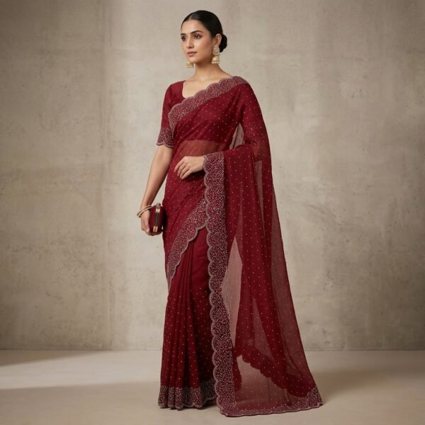 Maroon Tissue crape Embellished Scalloped Saree With unstiched Blouse