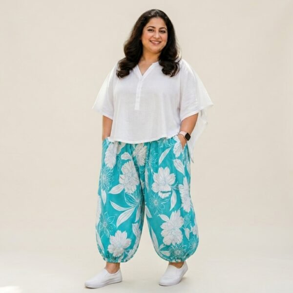 Turquoise Floral Print Wide Leg Baloon Pants for Women