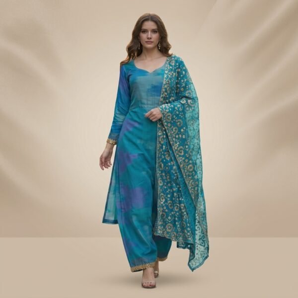 Turquoise Silk Blend Printed Aline straight silk Kurta Set with dupatta for Women