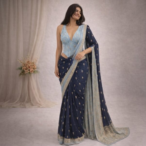 Navy Blue Sequin Embellished Saree with Light Blue Blouse
