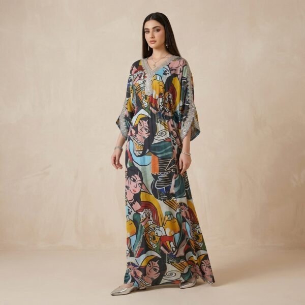 Multicolor Abstract Print V-Neck Kaftan Dress for Women