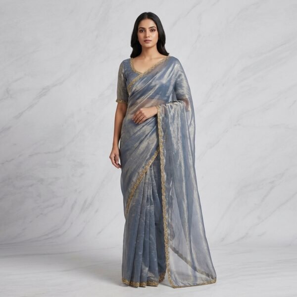 Greyish blue Organza Saree with Golden Border