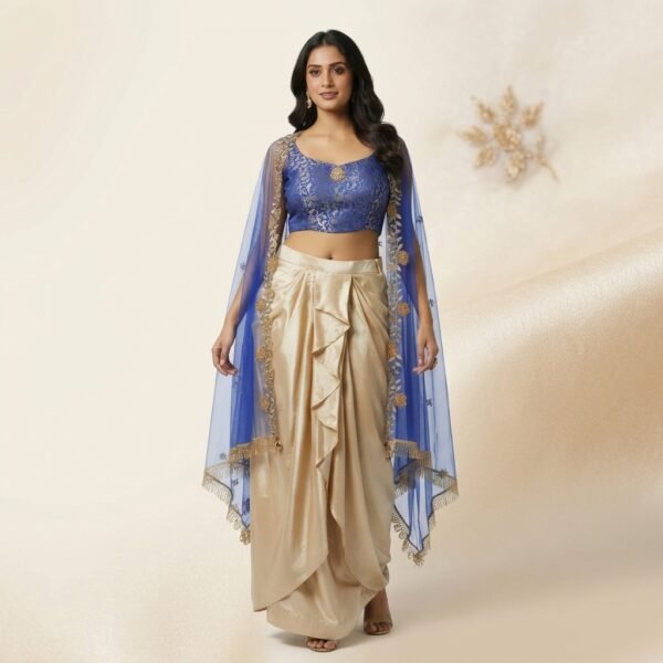 Blue Brocade Embellished Crop Top Dhoti Lehenga Set with Cape