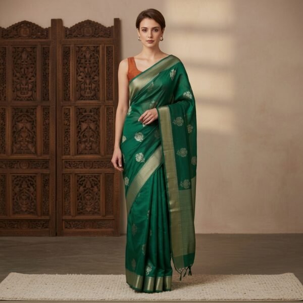 Green Banarasi Silk Handloom Saree With Golden Border