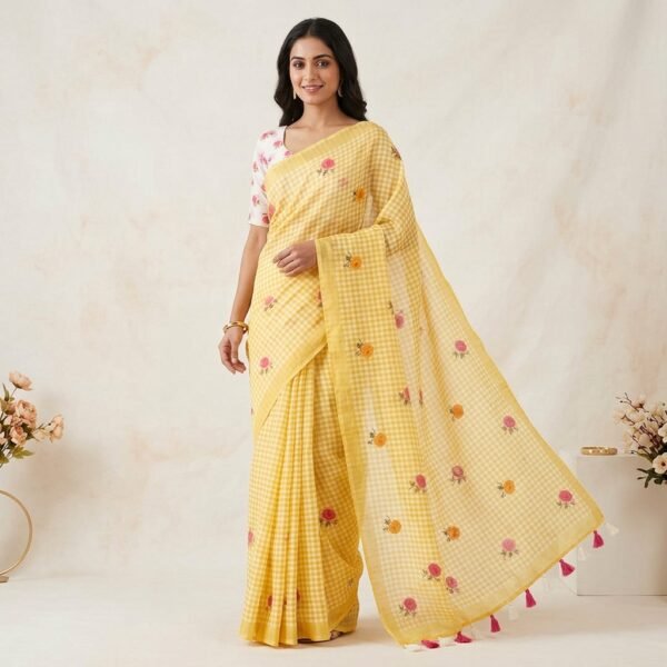 Yellow Gingham Check print Saree with unstiched /stiched Blouse