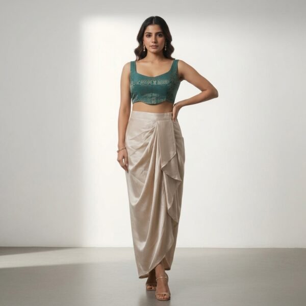 Teal Green Embellished Crop Top with Beige Draped Dhoti Pants
