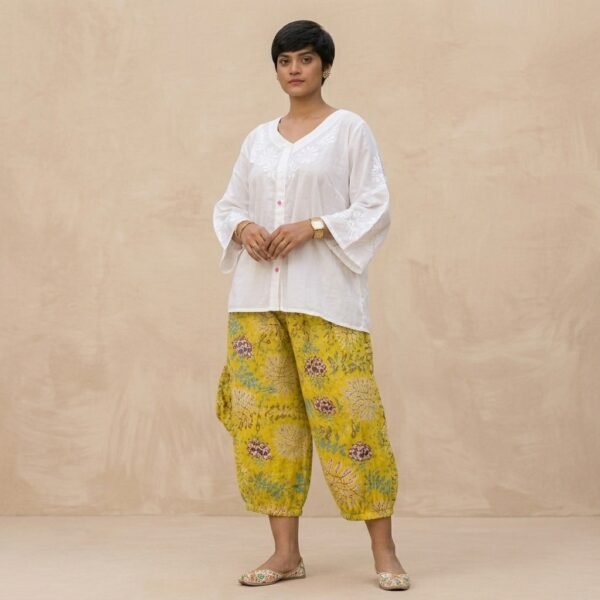 White Floral cotton Kurta With Yellow Printed Baloon pant Set For Women