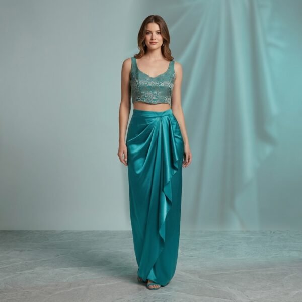 Teal Embellished Crop Top And Satin Drape Skirt Set For Women