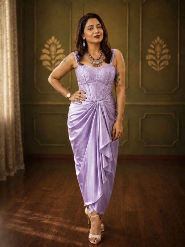 Lavender Satin Draped Skirt with Lavender Brocade Corset Crop Top Set