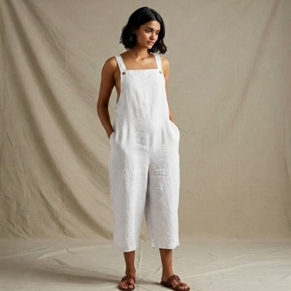 White Linen Sleeveless Wide Leg Jumpsuit for Women