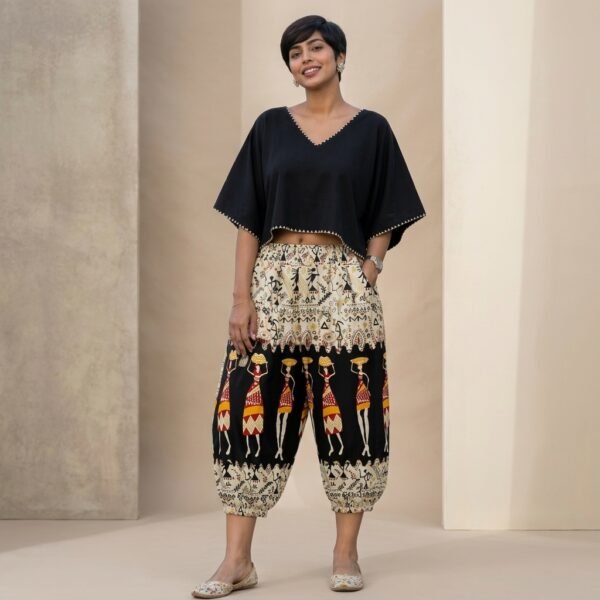 Black Beige Warli Print Crop Top and Yoga capri Set for Women