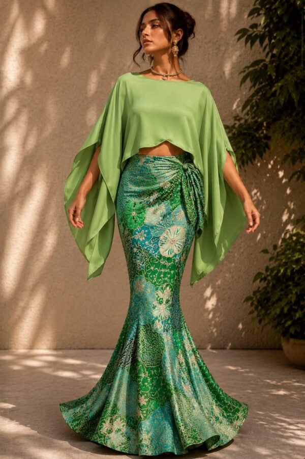 Meadow Mist Printed Mermaid Skirt with Cape Top Set