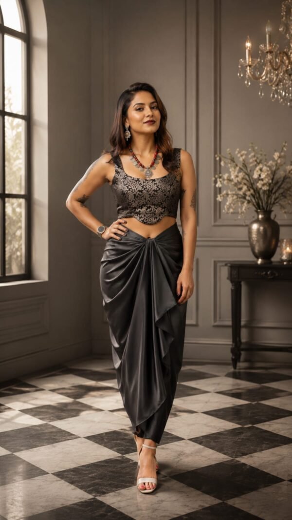 Midnight Black  Satin Draped Skirt with Black and gold Brocade Crop Top Set
