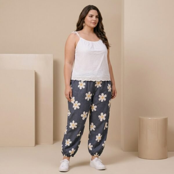 Black &White Daisy Print Cotton Lounge Pants for Women