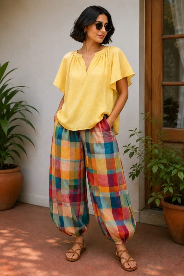 Multi colured Madras checked Balloon pants