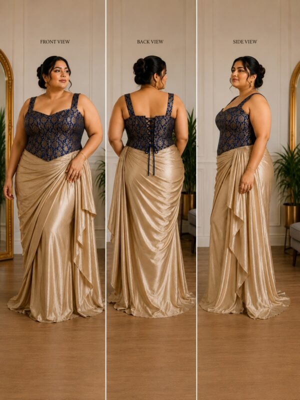 Plus Size Navy Blue Brocade Corset Blouse with Boning