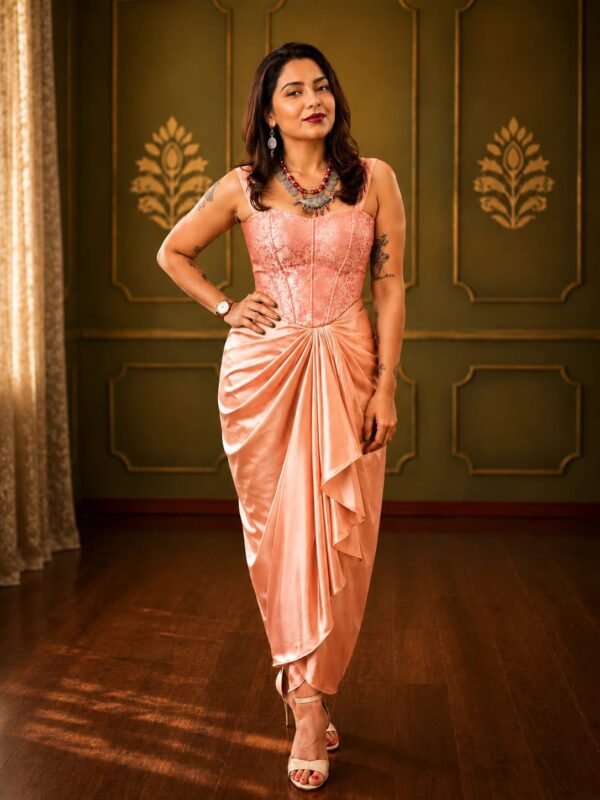Blush Peach Satin Draped Skirt with Peach Brocade Corset Crop Top Set