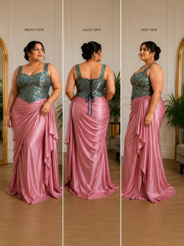 Plus Size Peacock Blue Brocade Corset Blouse with Boning