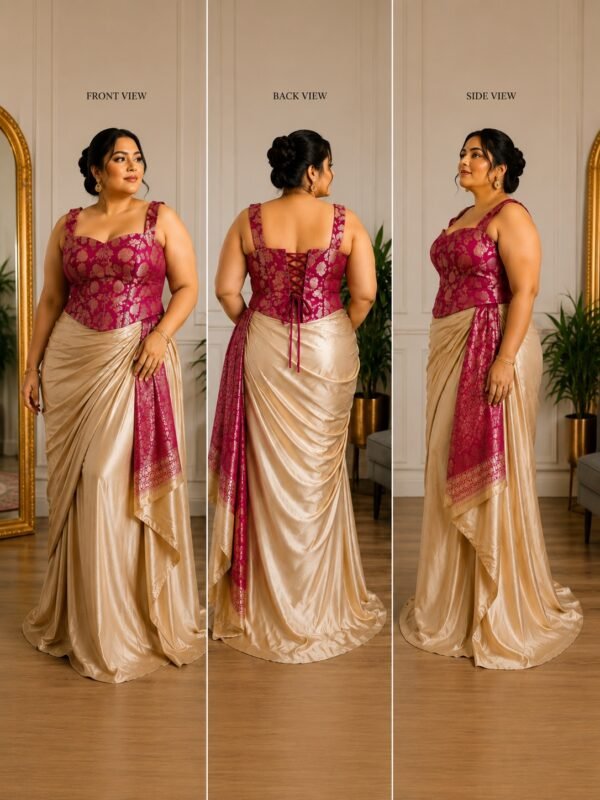 Plus Size Magenta Brocade Corset Blouse with Boning