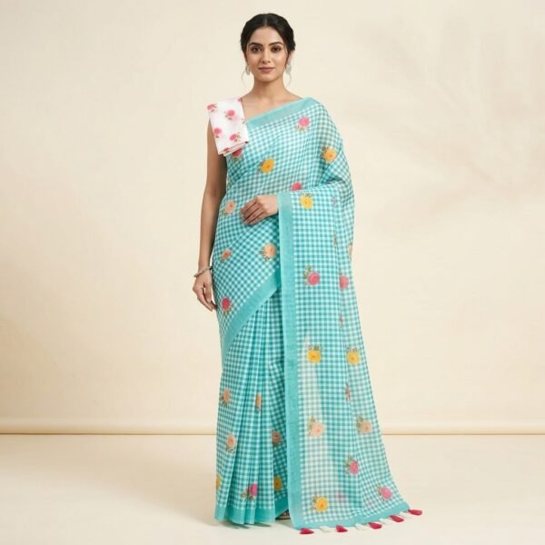 Turquoise Gingham Check printed Saree with Floral Motif print with blouse peice