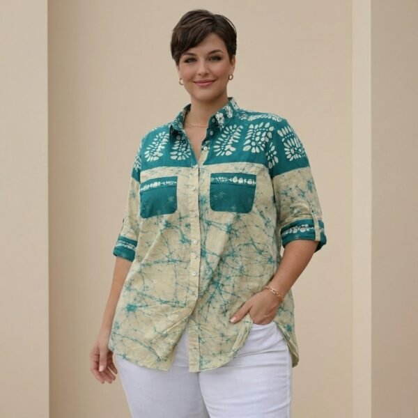 Teal Batik Print Button Down Tunic Shirt for Women
