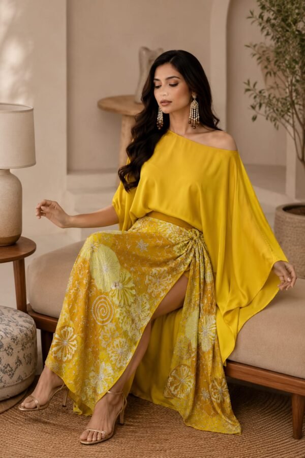 Yellow Embellished  embroided Wrap Skirt with Satin Kaftan Top Set