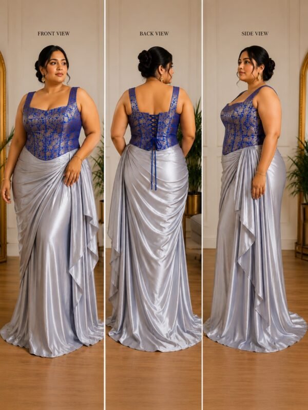 Plus Size Royal Blue Brocade Corset Blouse with Boning