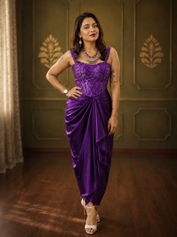 Royal Purple Satin Draped Skirt with Purple Brocade Corset Crop Top Set