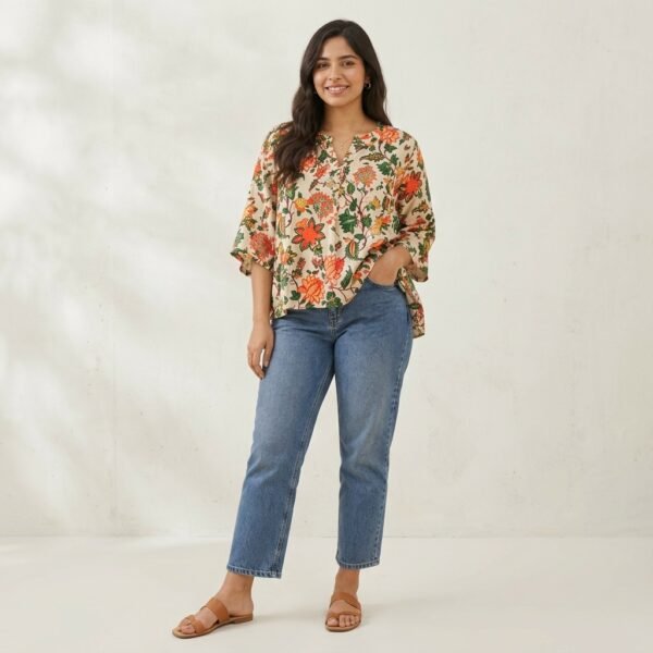 Cream Floral Print Kimono Style Top for Women