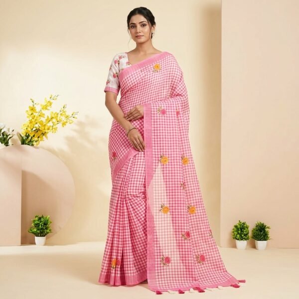 Pink Checkered Embroidered Cotton Saree with Blouse