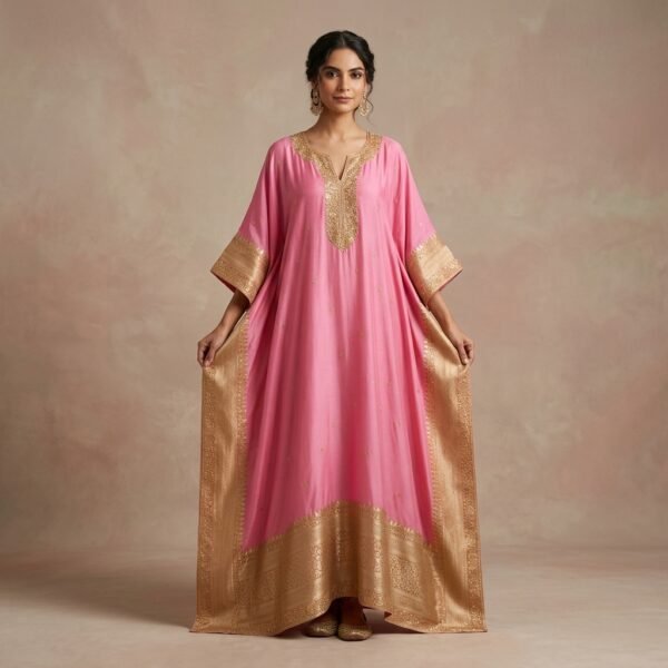 Pink Silk Embroidered zari Kaftan Dress for Women
