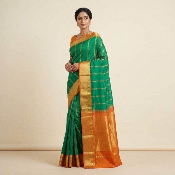 Mustard Yellow with Green Mysore crape Silk Saree with Golden Border