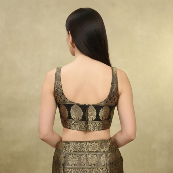 Black Gold Brocade Ethnic Crop Top Blouse for Women