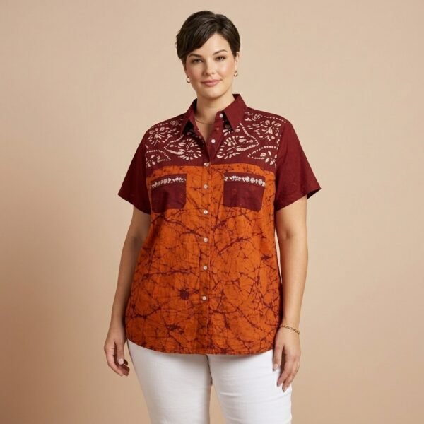 Maroon and Orange Batik Print Button Down Shirt for Women