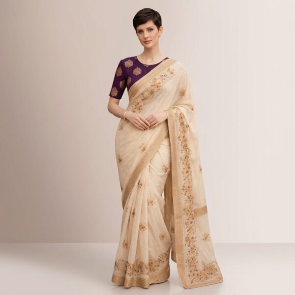 Cream Embroidered Saree with Purple Blouse